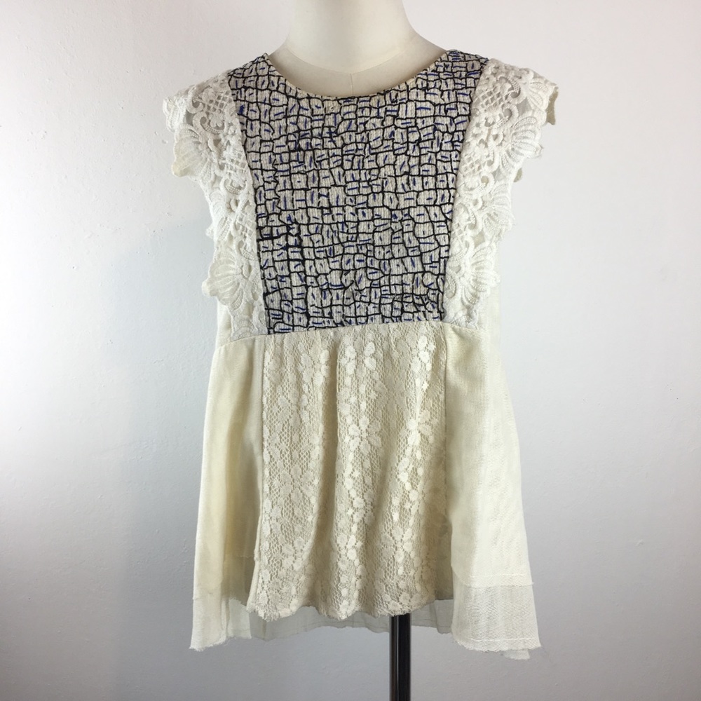 Anthro Meadow Rue Embroidered Lace Sleeve Blouse